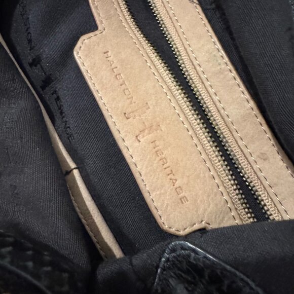 H by Halston Heritage Embossed Leather Pleated Hobo Shoulder Bag Black Tan Purse - Picture 8 of 16